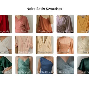 May include: A collection of 15 fabric swatches in various colors, including burgundy, blush, terracotta, dusty purple, marigold, cream white, pearl pink, champagne, apricot, ivory, emerald green, dark mint, slate blue, dusty blue, and forest green. The swatches are arranged in a grid of five rows and three columns. Each swatch is labeled with its color name.