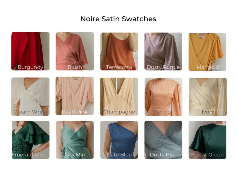 May include: A collection of 15 fabric swatches in various colors, including burgundy, blush, terracotta, dusty purple, marigold, cream white, pearl pink, champagne, apricot, ivory, emerald green, dark mint, slate blue, dusty blue, and forest green. The swatches are arranged in a grid of five rows and three columns. Each swatch is labeled with its color name.