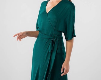 Lily Midi Wrap Dress / Tea length Wrap Dress / Kimono sleeves wrap dress