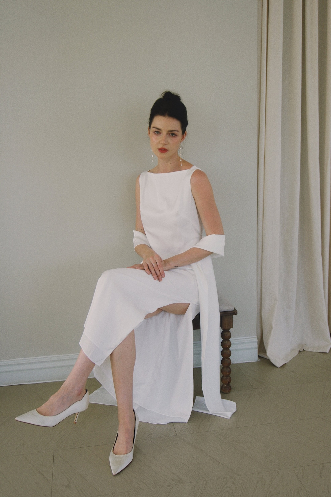 Flutter Sleeves Boat-Neck Tea-Length Special Occasion Dress Taupe main image 1