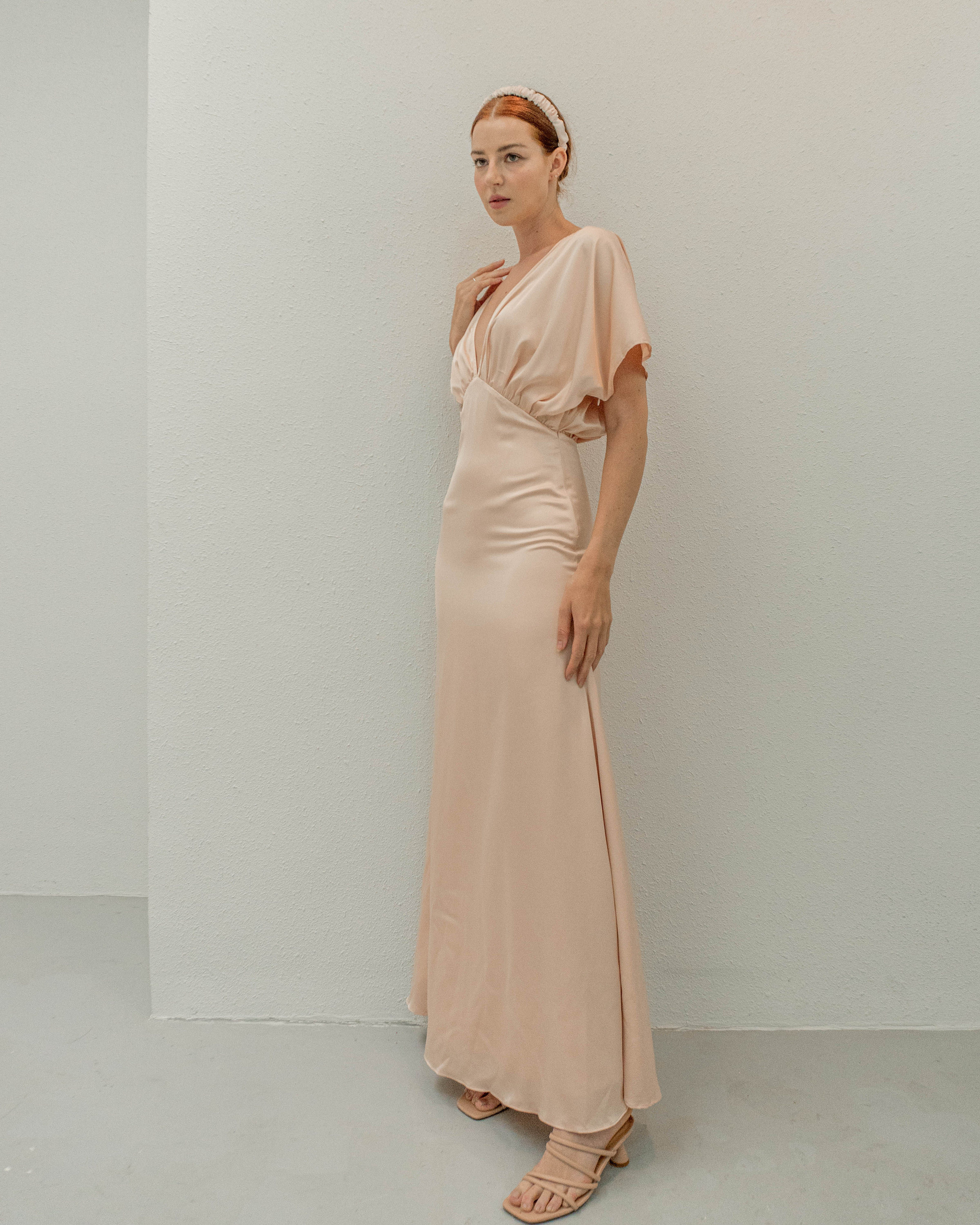 Nina Pearl Pink Floor Length Dress / Empire Waist Satin Gown
