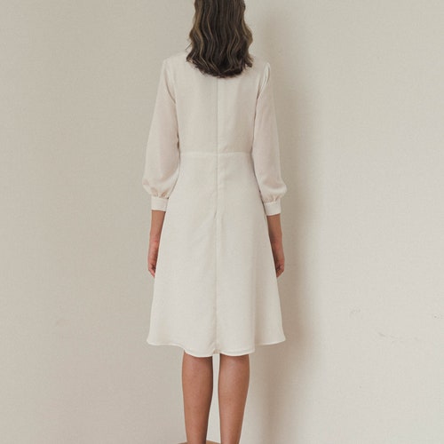 Lea Twisted Midi Dress / Tea length White Dress shops / Long sleeves silk dress