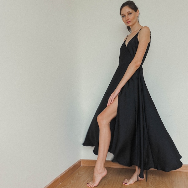 Amora Wrap Dress / Silk Maxi Dress / Black Slip Long Dress