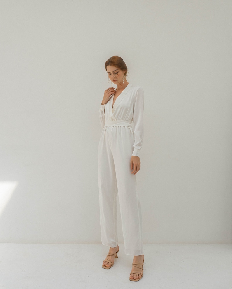 Ready to ship Olesia Cream White Satin Bridal Jumpsuit image 6