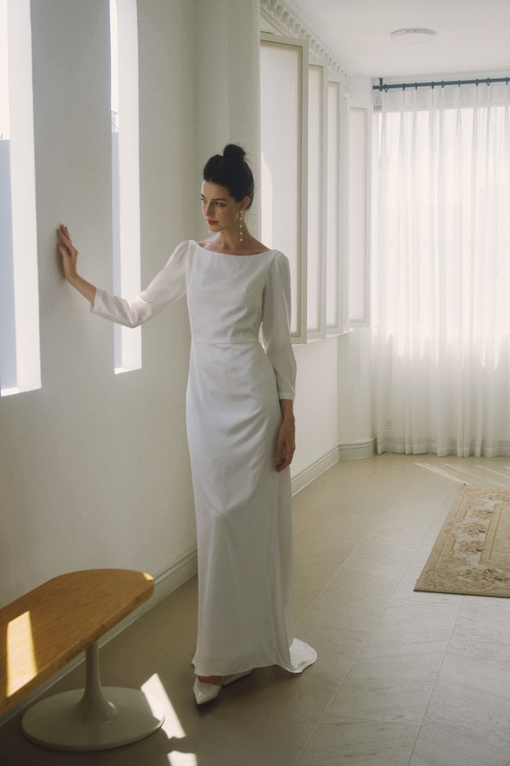 Coco Boatneck Floor Length Dress / Long Sleeves Satin Dress