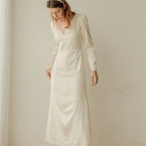 Darla Satin Wedding Dress: Long Sleeve Back Tie, Ankle Length