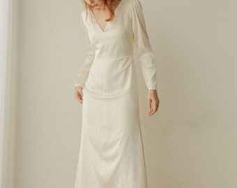 Darla Ivory Long Sleeves Dress / Ankle Length Satin Dress / Back Tie Wedding Dress