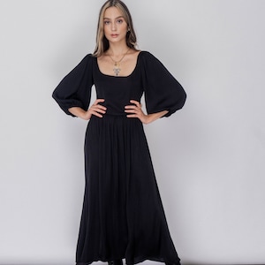 Katniss Puff Sleeves Dress/ Square neck silk black dress/Puffy sleeves tea length Dress