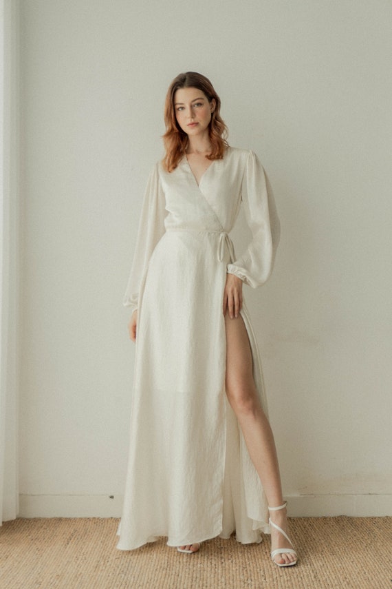 Madeline Ivory Long Sleeves Wrap Dress ...