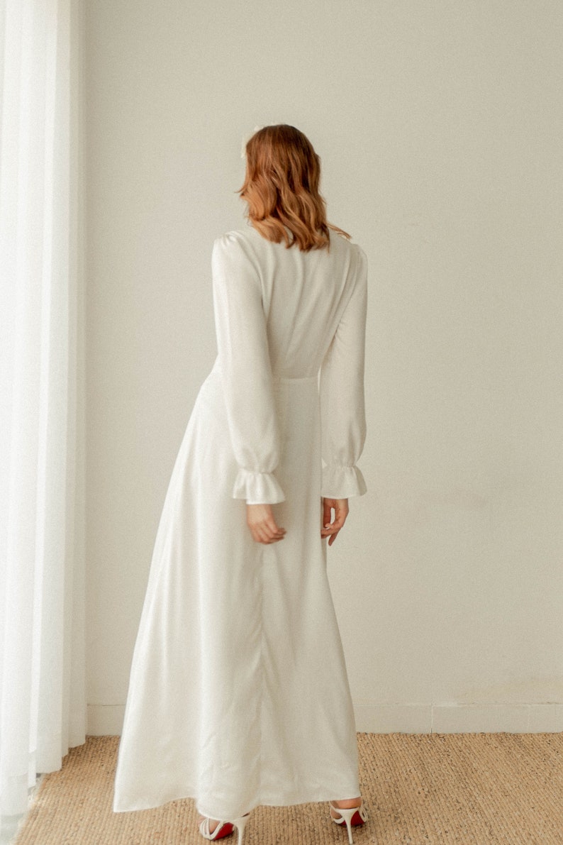 Caroline Cream White Long Sleeves Dress / Floor length Satin Dress / Button detail Simple Wedding Dress image 4