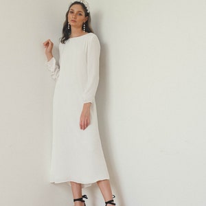 Rosalyn Tea Length White Dress / Open Back Silk Dress / Long Sleeves ...
