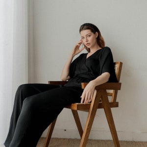 Ziggy Black Long Jumpsuit / Long Wide-legs Jumpsuit / Flutter Sleeves Silk Jumpsuit image 5