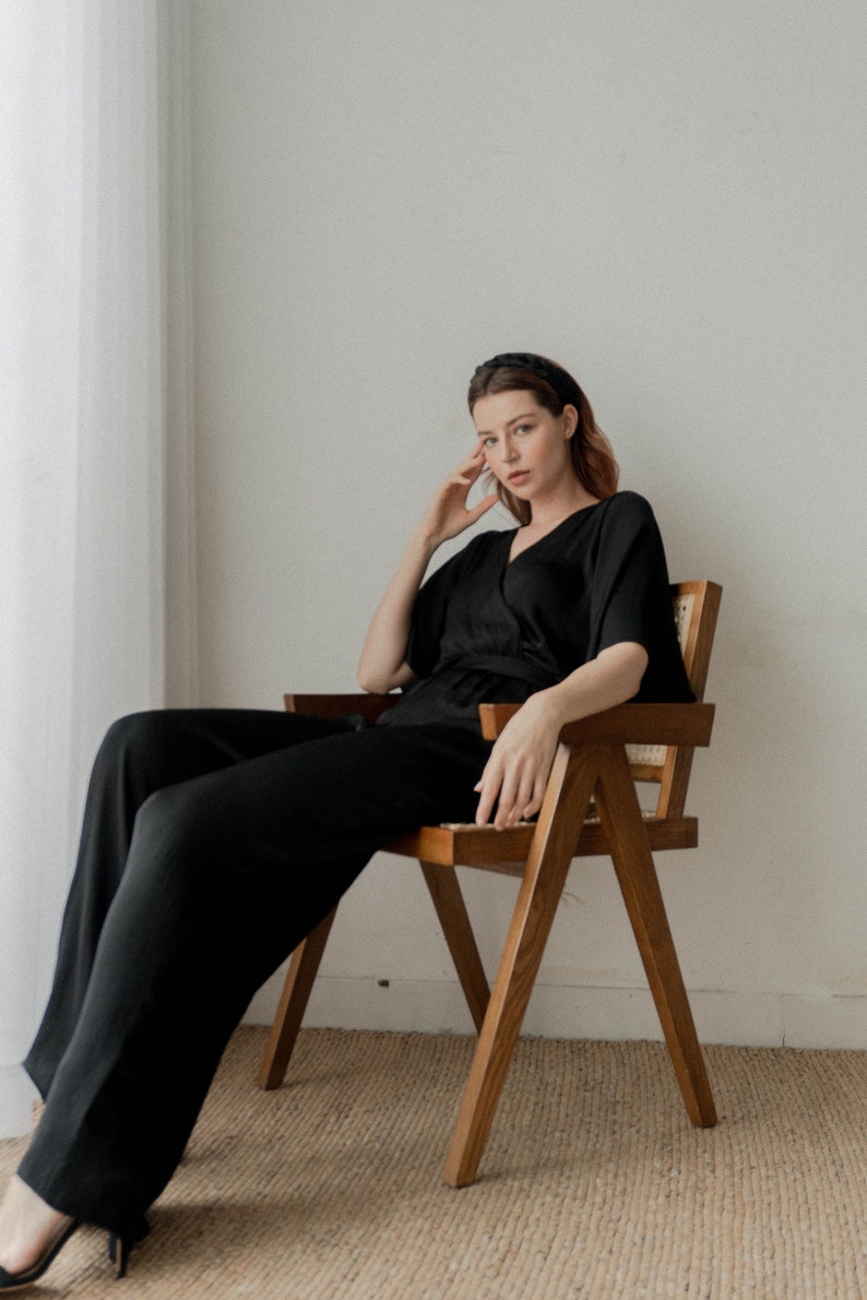 Ziggy Black Long Jumpsuit / Long Wide-legs Jumpsuit / Flutter Sleeves Silk Jumpsuit image 5