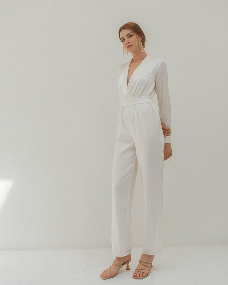 Ready to ship Olesia Cream White Satin Bridal Jumpsuit image 4