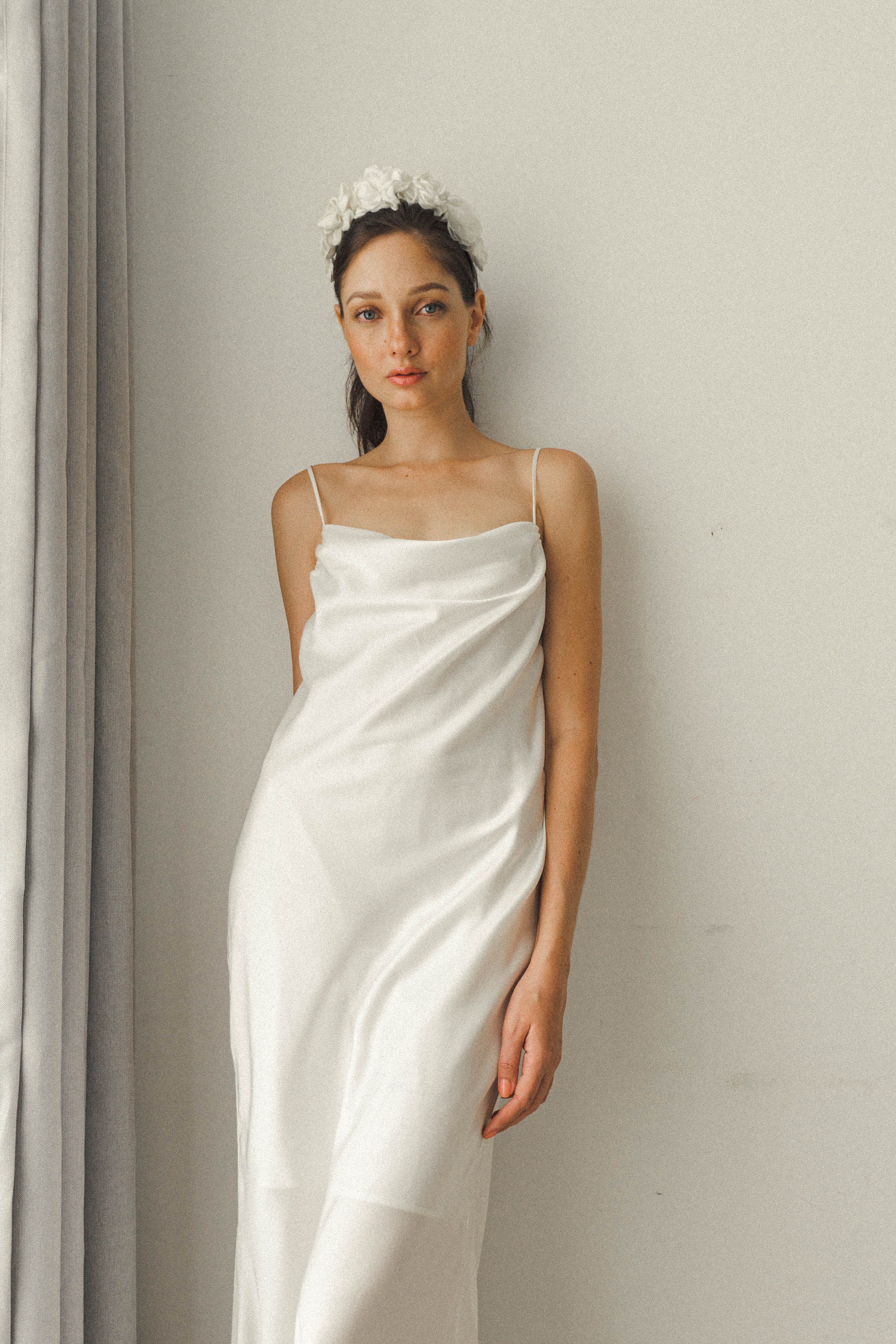 white cowl neck slip dress