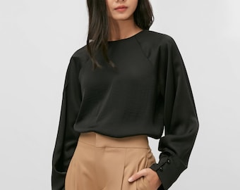 Bianca Top - Black Satin Blouse - Long Sleeves Blouse - Work Wear