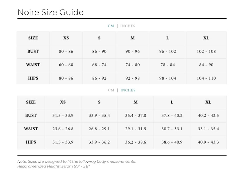 May include: Size chart for clothing in both inches and centimeters. The chart shows sizes XS through XL for bust, waist, and hips.