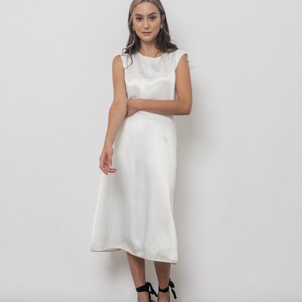 Sasha White Tea length Dress/Silk Satin Midi Dress/Simple Reception Dress