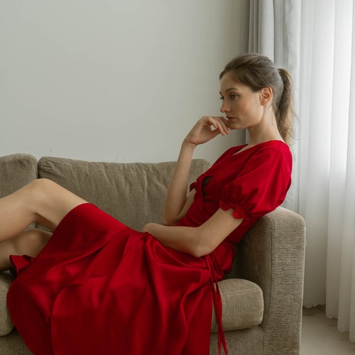 short sleeve satin wrap dress Charlene Deep V Neck Satin Wrap Dress/ Short Sleeves Wrap Dress/High Low Wrap  Dress