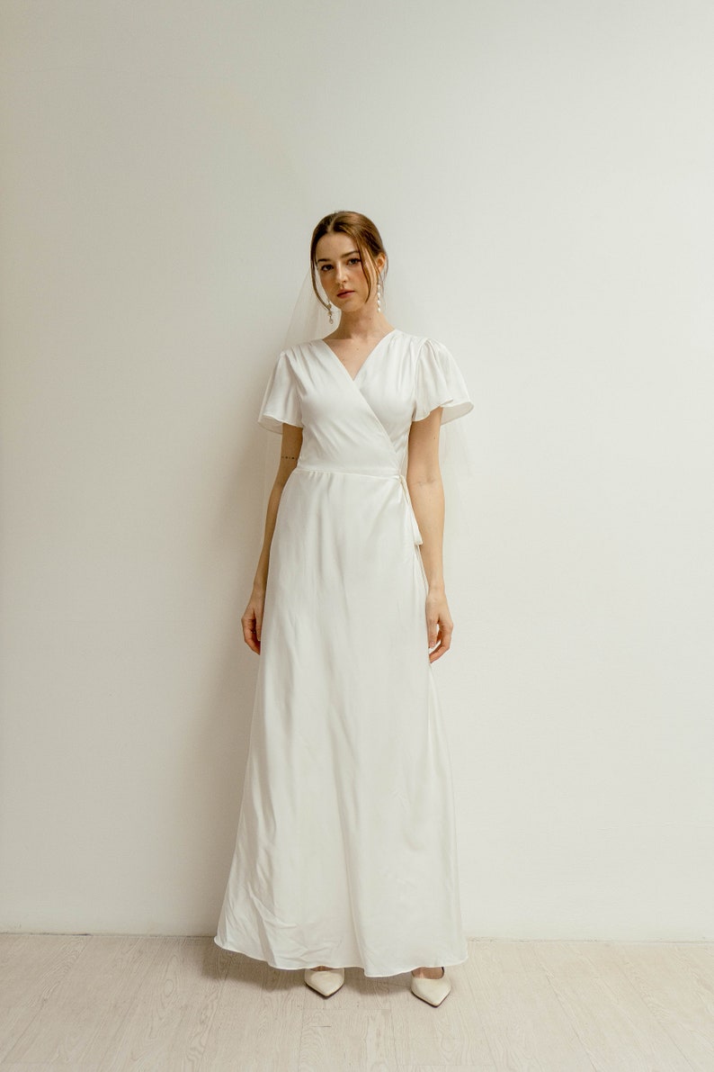 April Floor length Wrap Dress/Simple Wedding dress/White satin wrap dress image 5