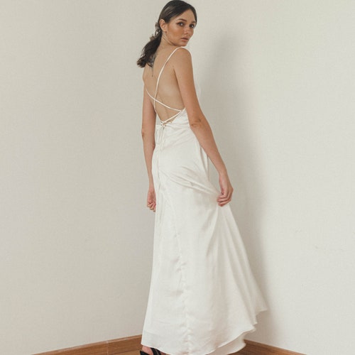 Vera Cream White Wedding Halter Slip Dress / Bridal Satin Slip Dress / Open Back Floor Length Gown