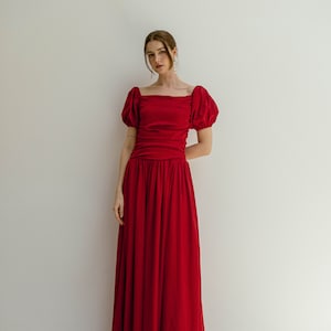 Maeve Puff Sleeves Floor Length Dress / Minimalist Satin Wedding Dress