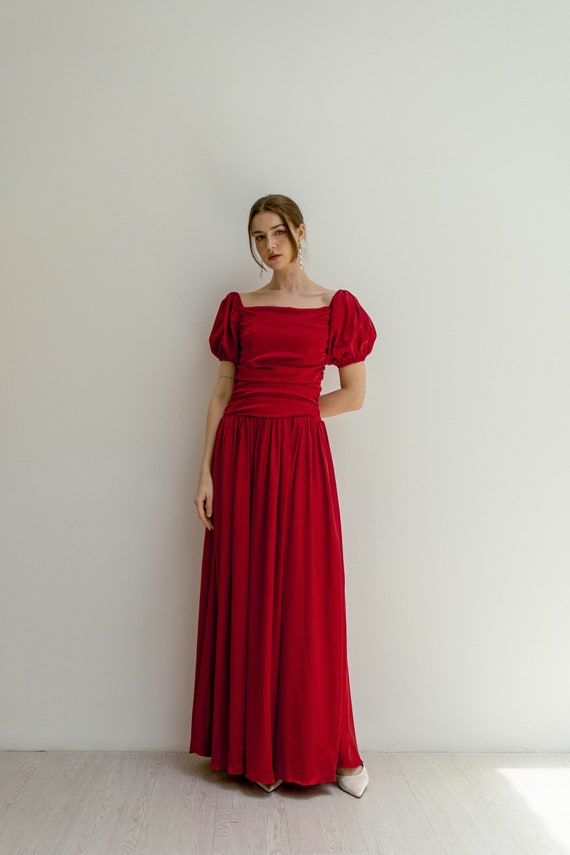 Maeve Puff Sleeves Floor Length Dress / Minimalist Satin Wedding Dress