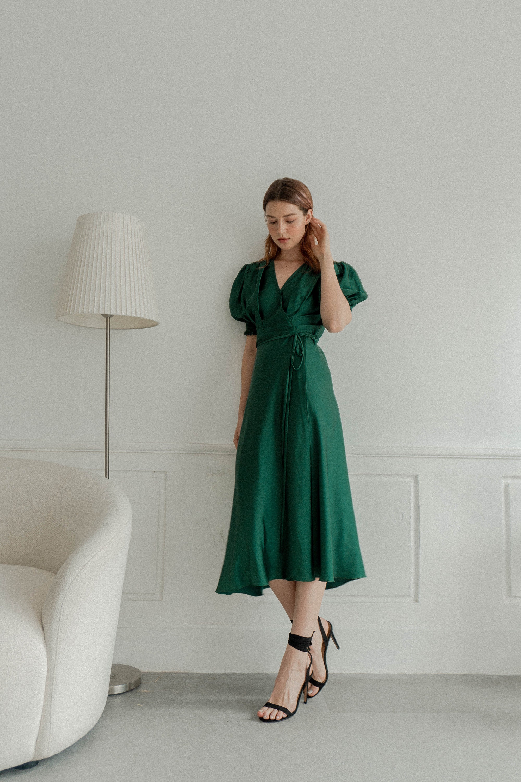 chinese dress ladies Sage Green Satin A-line Long Prom Dress with Bubble Short Sleeves main image 1