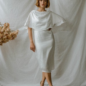 Josephine Cream White Tea length Satin Dress / Pencil Silk Satin Cape Dress / Open back Satin Dress image 5