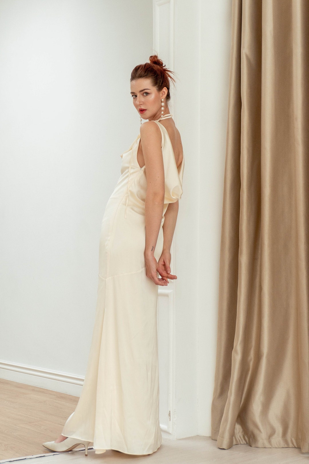 Ofelia Satin Floor Length Slip Dress / Cowl Back and Neck Dress / Open