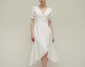 Charlene Deep V neck Satin Wrap Dress with Short sleeves details