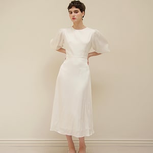 Simone Tea Length Dress / Midi Satin Dress / Puff Sleeves Dress