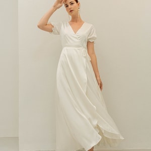 Charlene Cream White Floor Length Wrap Dress / Short Sleeves Satin Wrap Dress / High-low Wedding Gown