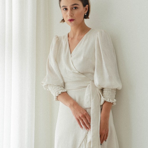 long sleeve satin ruffle wrap dress Estella Ruffle Wrap Dress/Tea Length Satin Dress/Puff Long Sleeves Wrap  Dress/ Ivory Wrap Dress