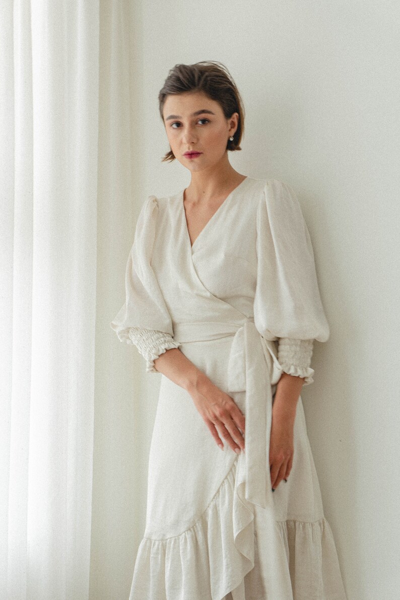 long sleeve satin ruffle wrap dress Estella Ruffle Wrap Dress/Tea Length Satin Dress/Puff Long Sleeves Wrap  Dress/ Ivory Wrap Dress