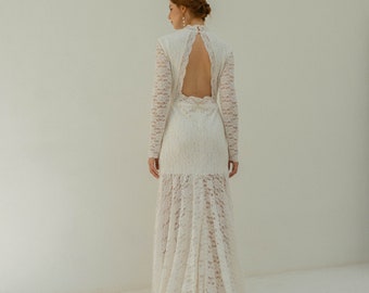 Aurora Long Sleeves Lace Wedding Dress / Open back Lace Dress / Lace Dress Floor Length with Train