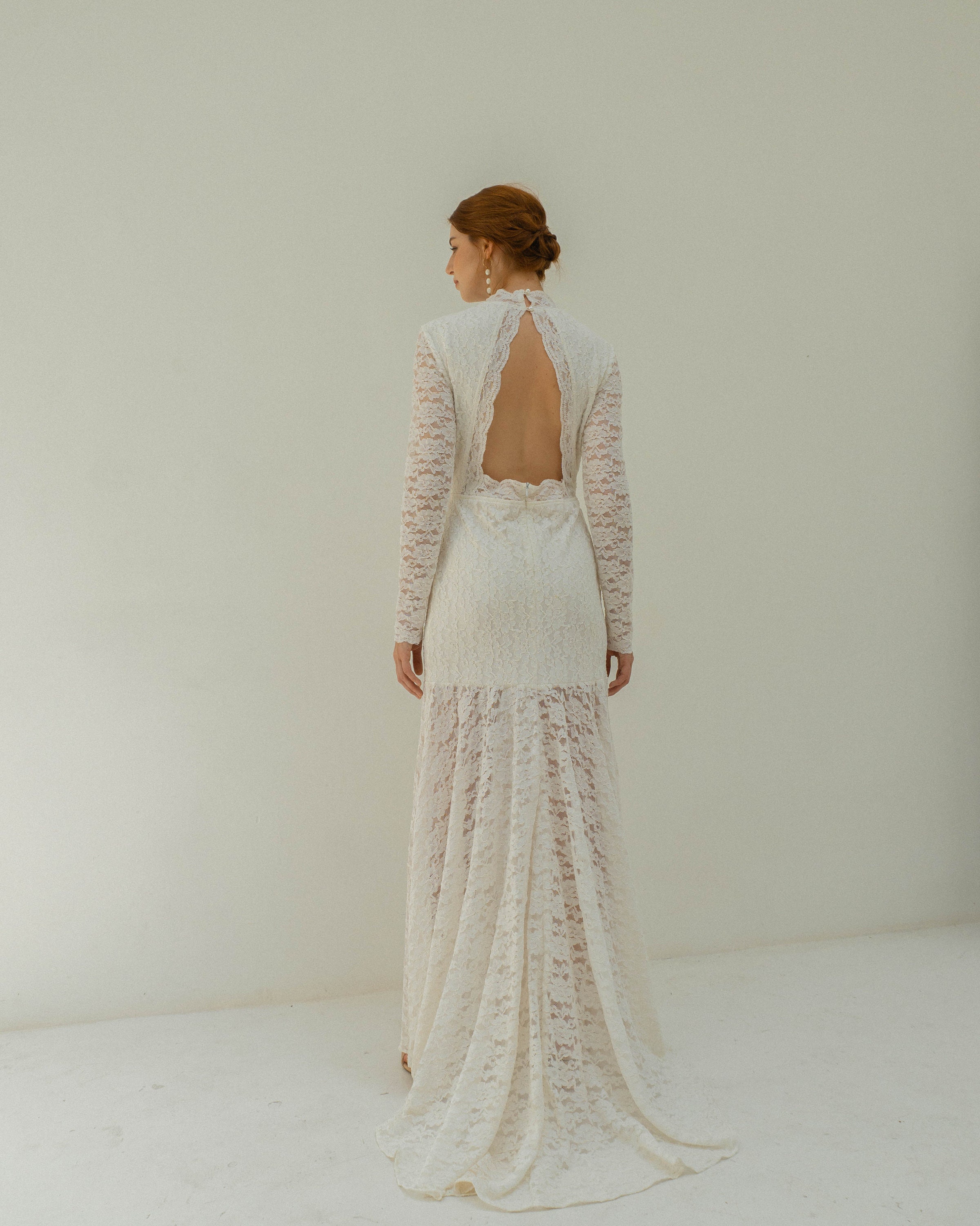 Aurora Long Sleeve Lace Wedding Dress: Open Back, Floor Length Train