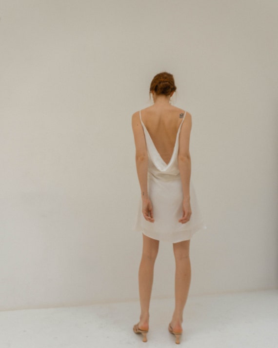 Britney Cream White Satin Slip Dress / Mini Length Slip Dress