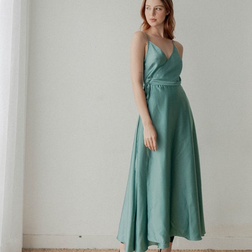 Jaelyn Dark shops Mint Satin Wrap Dress / Ankle Length Slip Dress / Long Slip Dress
