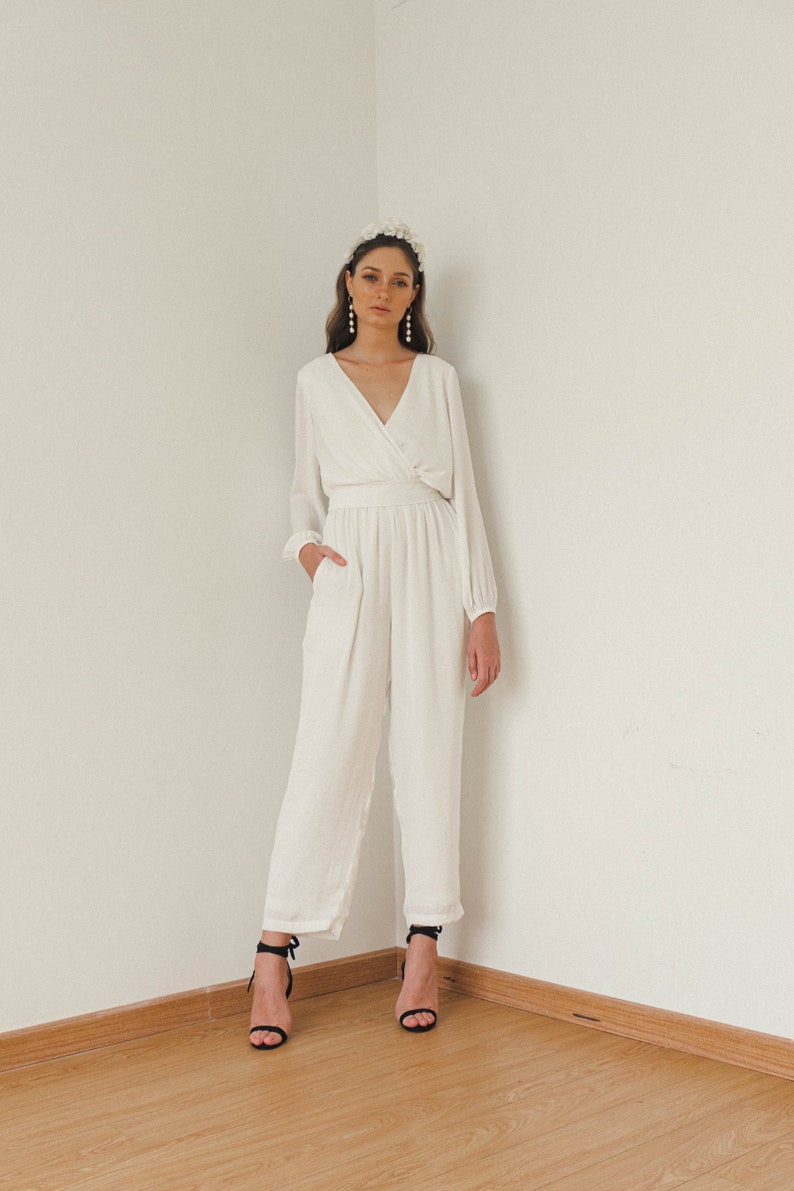 Renee Bridal Jumpsuit / Long Sleeves Jumpsuit / Silk Wedding Jumpsuit 画像 1