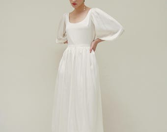 Katniss Satin Midi Dress: Square Neck, Puff Sleeves