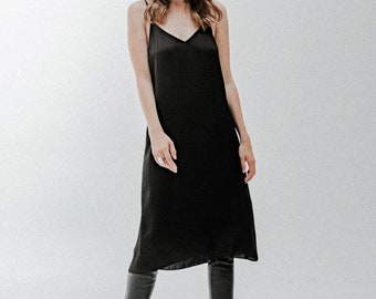Sunday midi black slip dress / Classic silk slip dress / 90s slip dress style/ Low back slip design