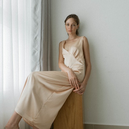Irina White Tea shops Length Satin Dress / Open Back Satin Slip Dress