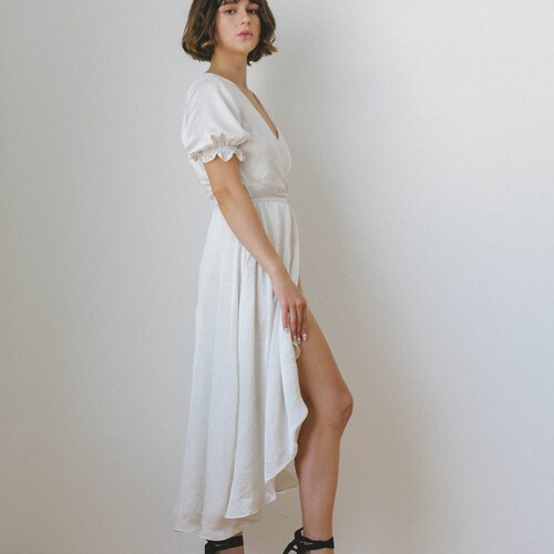 short sleeve satin wrap dress Satin Short-Sleeve Wrapped Waist Maxi Dress in Grey Grey S