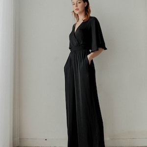 Ziggy Black Long Jumpsuit / Long Wide-legs Jumpsuit / Flutter Sleeves Silk Jumpsuit image 2