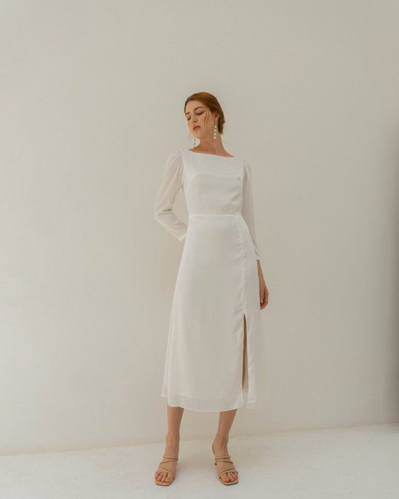 Classic Sheer Hem Midi White Satin Dress Classic Sheer Hem Midi White Satin Dress