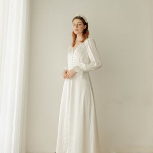 Caroline Cream White Long Sleeves Dress / Floor length Satin Dress / Button detail Simple Wedding Dress image 3