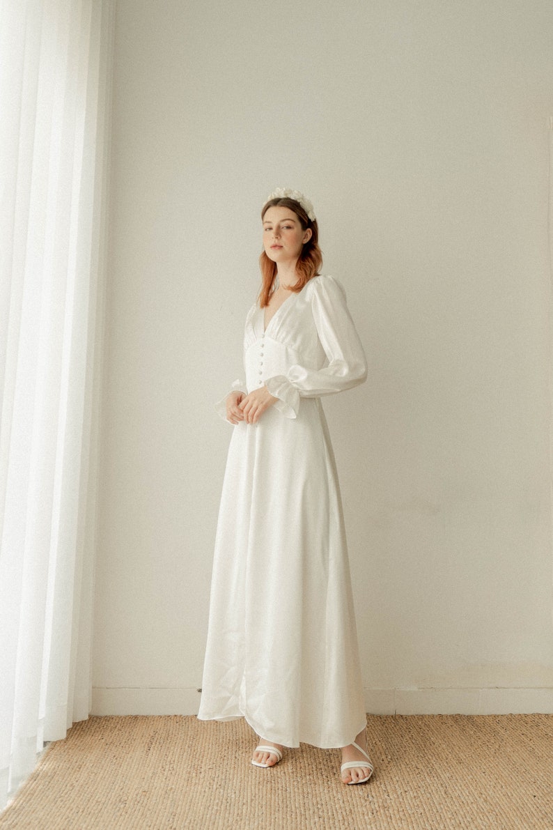 Caroline Cream White Long Sleeves Dress / Floor length Satin Dress / Button detail Simple Wedding Dress image 3