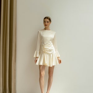 Astrid Satin Mini Dress - Short Wedding Dress with Long Sleeves