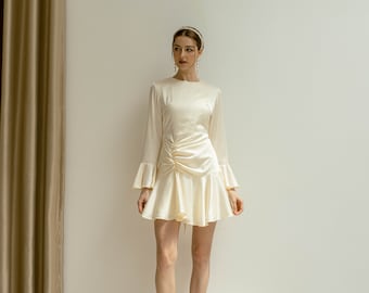 Ready to ship Astrid Satin Mini Dress - Short Wedding Dress with Long Sleeves